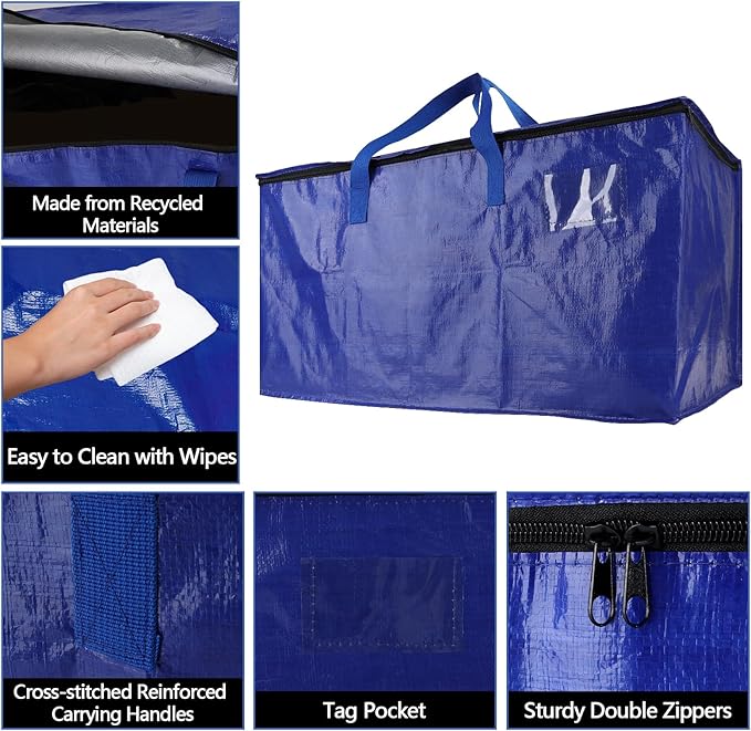 10 Pack Waterproof Moving Bags with Strong Zippers and Reinforced Handles, Real 100lb Capacity Extra Heavy Duty Large Storage Totes for Packing & Moving Storing, Alternative to Moving Boxes -95L,Blue
