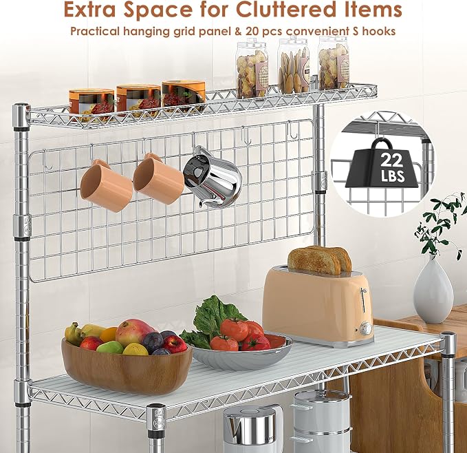 Bakers Rack with Storage & Wheels, 42In Microwave Stand Kitchen Shelves | 4-Tier Heavy Duty Storage Rack with 20 S-Hooks, Commercial Metal Utility Kitchen Cart, 42× 18× 63 Inch, Chrome