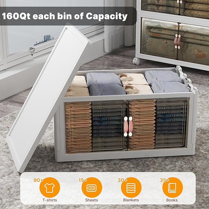 UAMFURI Stackable Storage Bins with Lids & Wheels & Door, Foldable Collapsible Closet Organizers, Extra Large Plastic Storage Drawers for Bedroom Dorm Office Garage (White-175QT, 5Pack with 2 top lid)