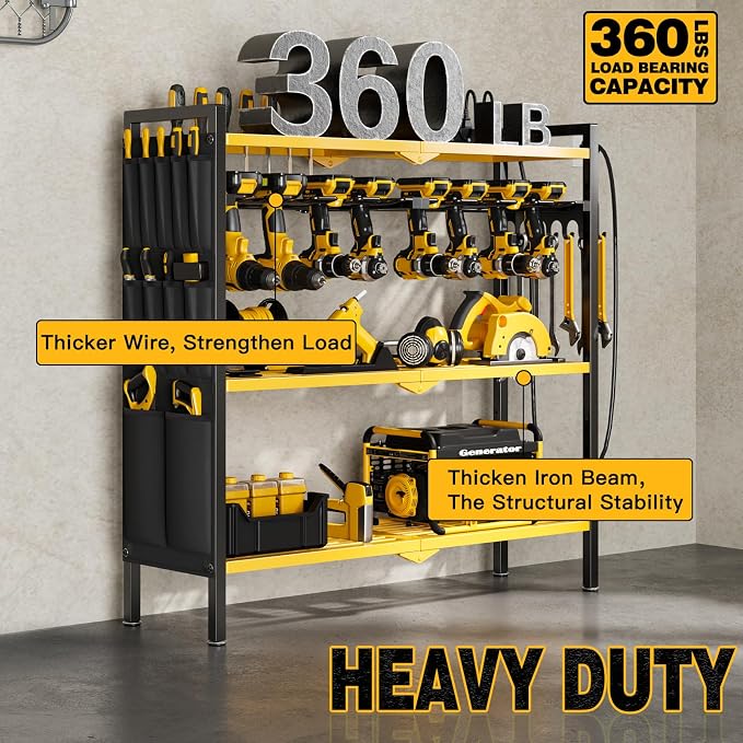 NattyDot Power Tool Organizer Cart with Charging Station, 8 Drills, Yellow | Freestanding Power Tool Cart Holds 8 Drills; Charging Station Powers Batteries while Sturdy Shelves Organize Garage Gear