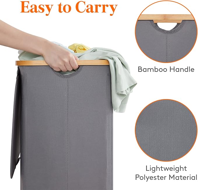 Lifewit 100L Laundry Basket with Lid, Clothes Hampers for Laundry with Bamboo Handles and 1 Removable Bag, Large Foldable Laundry Hamper for Bedroom, Bathroom, Dorm, Laundry Room, Gray
