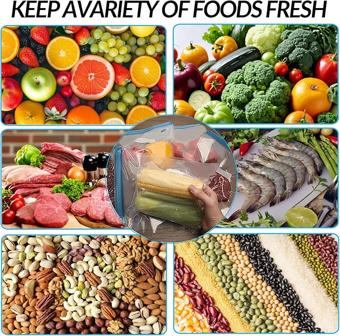 Sous Vide Bags 27Pcs, BPA Free Reusable, Double-Layered Food Storage (8.5 x 8.5 in) for Cooking, Food Storage, and Microwave Heating. Includes 20 Vacuum Zipper Bags, 2 Seal Clips, and 5 Air Valves.