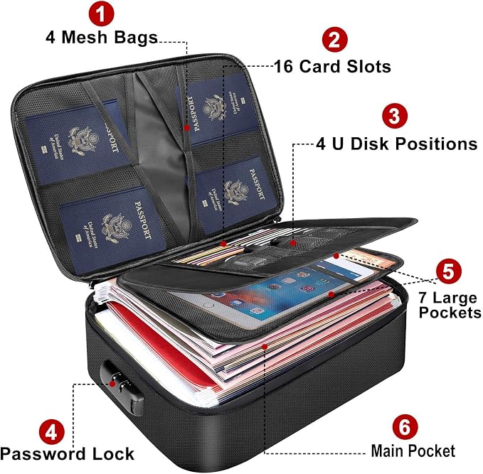 DocSafe Document Bag with Lock, Fireproof 3-Layer File Storage Box, Black | Water-Resistant Zipper, Document Safe Portable Travel Home Office Organizer Bag for Laptop,Files,Certificates, Gifts for Him