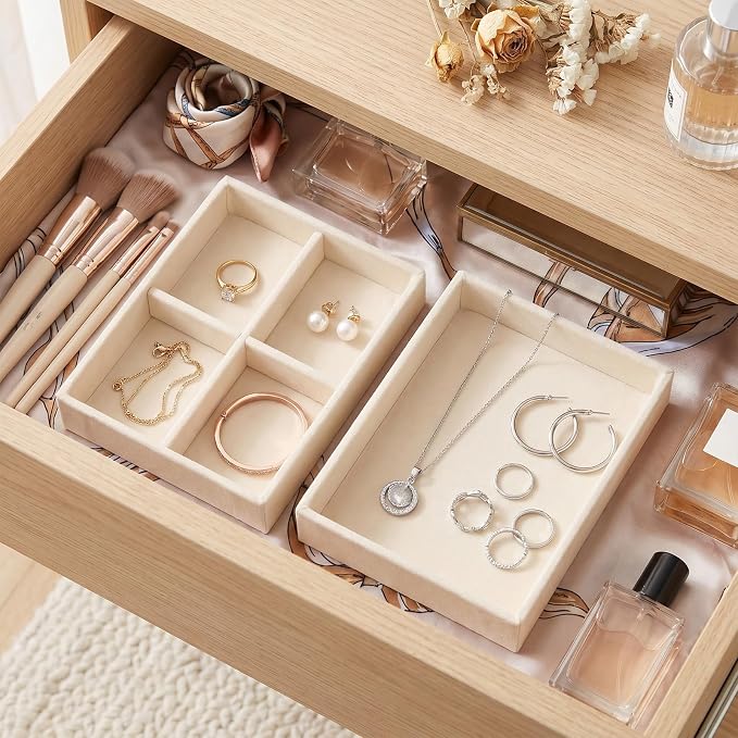 Small Jewelry Tray Set Velvet Ring Organizer Mini Jewelry Drawer Organizer Stackable Jewelrys Organizers Earrings Display Tray Storage Insert Holder for Box Drawer Dresser (Fashion)