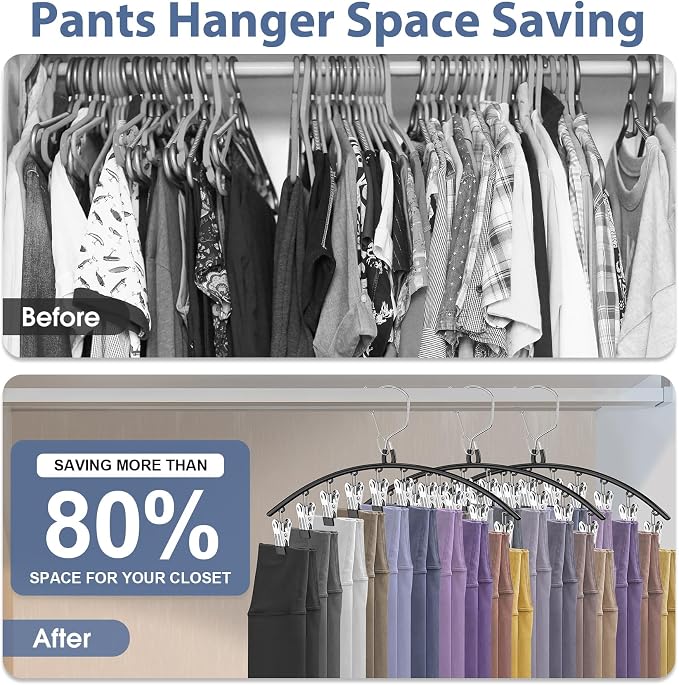 3 Pack Skirt Pants Hangers with Clips, Legging Organizer for Closet Hanging with 10 Cilps Holds 30 Leggings/Shorts/Jeans/Skirts Pants Hangers Space Saving Closet Organizers and Storage, Blue