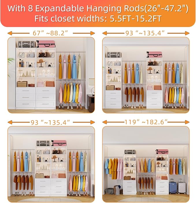 Closet System with 6 Drawers, 5FT-15FT Custom Closet Organizer System Modular Walk in Closet Storage Wooden System with 8 Expandable Hanging Rods Adjustable Shelves 2 Sets White