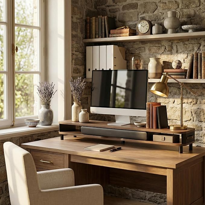 Fenge Dual Monitor Stand with Large Storage Drawer, 42.5" Dsek Shelf, Brown | Slide-Out Drawer, Ergonomic Monitor Riser, Aluminum leg, 2-Tier Desk Organizer for Laptop, TV, PC