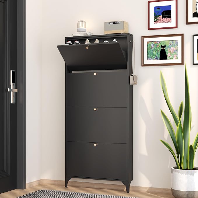 Shoe Cabinet with 4 Flip Drawers-Metal Narrow Shoe Rack for Entryway,Hallway,Living Room-Hidden Metal Shoe Cabinet-Freestanding Shoe (4 Door Width 27.56, Black)