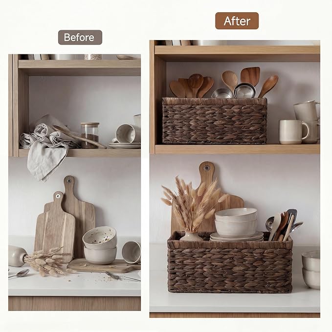 StorageWorks Large Wicker Baskets for Storage, Water Hyacinth Storage Baskets for Organizing, Wicker Storage Baskets for Shelves, Brown, Large & Medium, 2-Pack