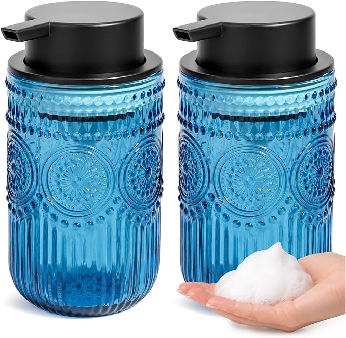 Refillable Foam Soap Dispenser Set of 2, Foaming Hand Soap Dispenser | Glass Foaming Soap Dispenser for Bathroom,Kitchen, Modern Home Decor 13.8 oz