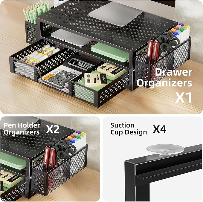 Simple Trending 2-Tier Metal Monitor Stand with Drawer & Pen Holder, Black | 20"W x 10"D x 5.8"H. Metal mesh cooling prevents overheating. 2-tier + drawer + pen holders. Non-slip. Fits laptop & monitor.