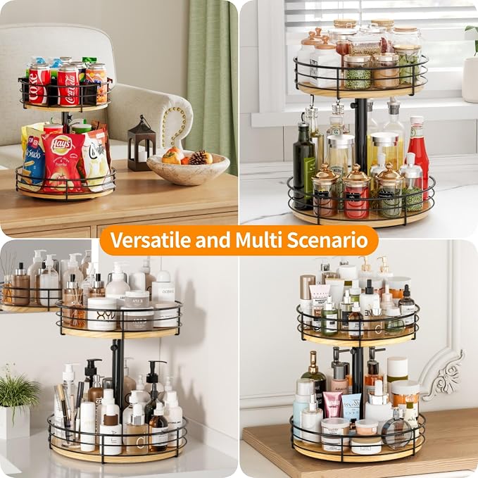 2 Tier Lazy Susan Snack Organizer, Adjustable Height, Black | 12 Inch, Wood Rotating Spice Rack, For Kitchen Countertop Pantry Cupboard Bathroom, Coffee Bar Home Storage