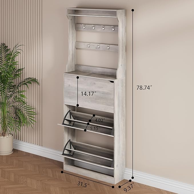 Shoe Storage Cabinet, Wood Shoe Organizer for Entryway with 3 Flip Drawers, Freestanding Shoe Rack with Adjustable Shelf, Narrow Shoe Dresser for Front Door Entrance (Grey, Tall 3 Drawers)