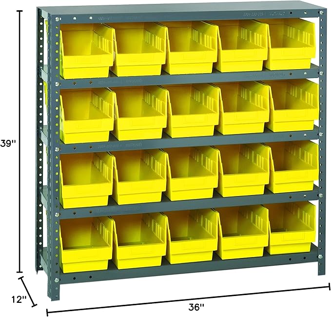 Quantum Storage Systems 1239-202YL Store More Steel Shelving Unit with 6" Shelf Bins, 12" D x 36" W x 39" H, Yellow
