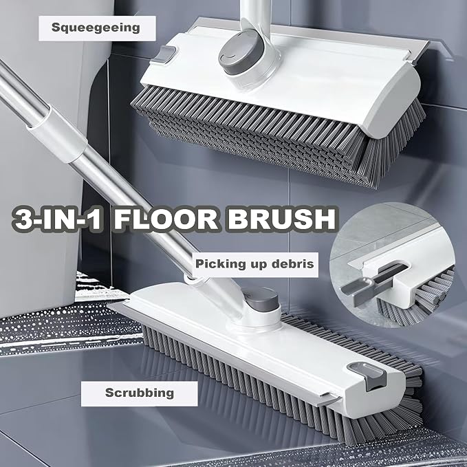 360° Rotatable Floor Scrub Brush - 55 Inch Adjustable Long Handle 2in1 Scrub Squeegee Hidden Hair Catcher V-Type Gap Cleaner for Bathroom Kitchen Patio (White)