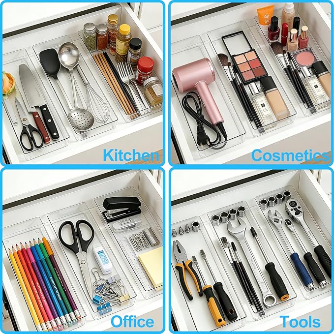 Manalete 4 Pcs Extra Large Clear Plastic Drawer Organizer Trays 15"x6", Multi-Purpose Storage Bins for Vanity, Makeup, Kitchen Utensils, Bathroom, Office Desk, Auto Tools & Craft Supplies