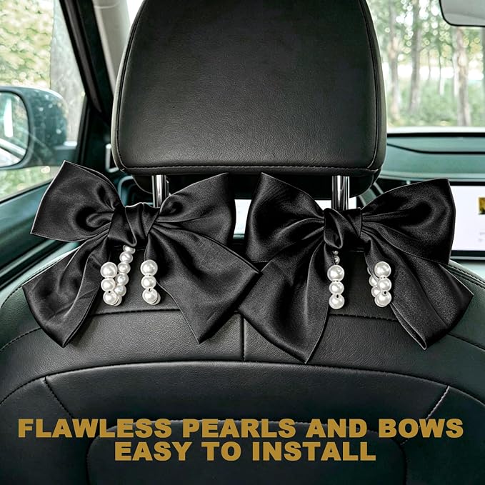 2 PCS Bow Pearl Car Seat Headrest Hook, Auto Rear Seat Hanging Organizer Elegant Pearl Decoration, Cute Bow Vehicle Interior Seatback Storage Hooks for Handbags Purses Groceries (Black)