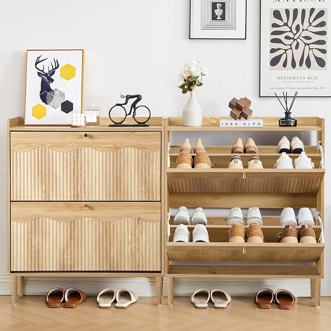 BERRYMERRY 31.5" Fluted Shoe Storage Cabinet for Entryway, 2 Flip Drawers Narrow Shoe Organizer for Hallway, Living Room