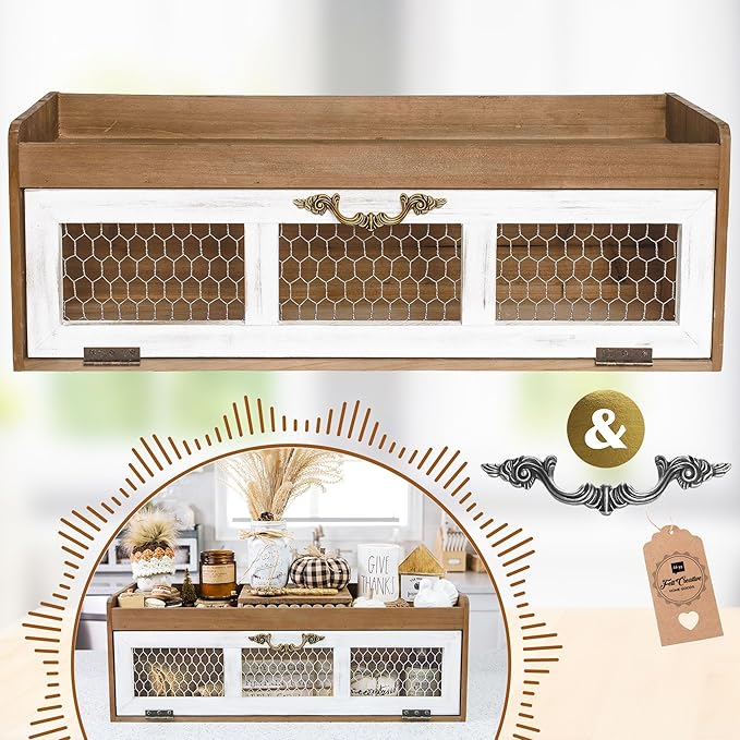 Felt Creative Home Goods Farmhouse Chicken Wire Countertop Shelving Organizer, Decorative Kitchen Pantry Storage Cabinet, Rustic Counter Storage Display, Country Kitchen Island Decor (Brown)