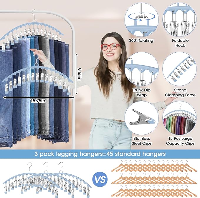 6 Pack Legging Organizer for Closet Hanging, Pants Hangers with Clips Holds 95 Leggings, Shorts, Skirts, Jeans, Hats, Pants Hangers Space Saving Clothes Racks Closet Organizers and Storage, Blue