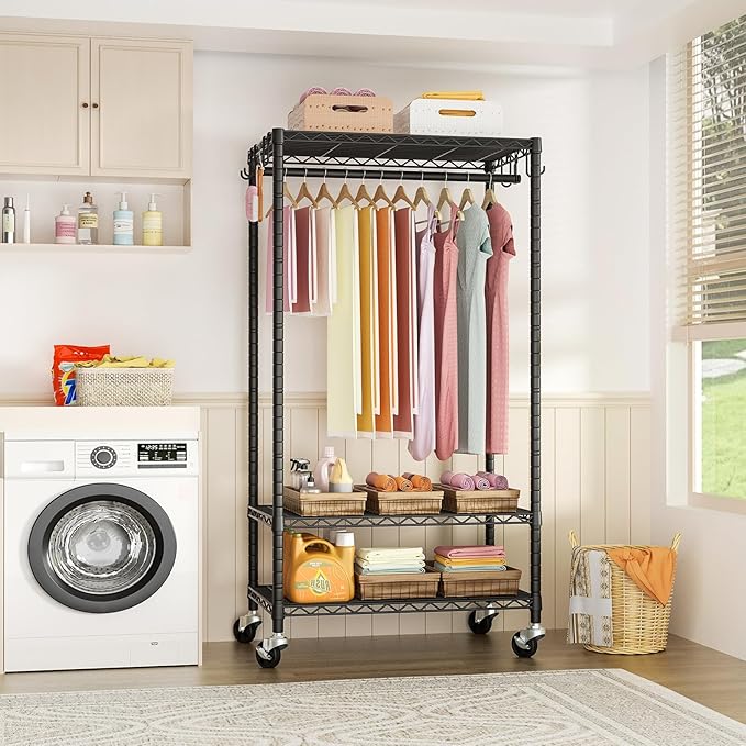 FUTASSI Rolling Clothes Rack, Clothing Racks for Hanging Clothes, Black | P6 Heavy Duty Garment Rack with Wheels, 3 Tier Freestanding Portable Closet Rack with Shelves, 35.5 In Wide, Max Load 380 LBS