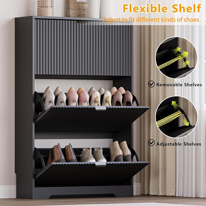 BORNOON Entryway Shoe Cabinet with 3 Flip Drawers, Narrow Shoe Organizer Cabinet with Fluted Panel and Adjustable Shelves for Foyer, Hallway