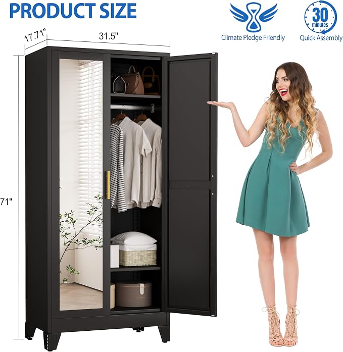 GAIOUS Metal Wardrobe Cabinet with Mirror and Hanging Rod, 71" Black | Clothing Storage Cabinets with 2 Doors and Adjustable Shelves, Armoire Wardrobe Closet for Bedroom, Laundry Room, Cloak Room