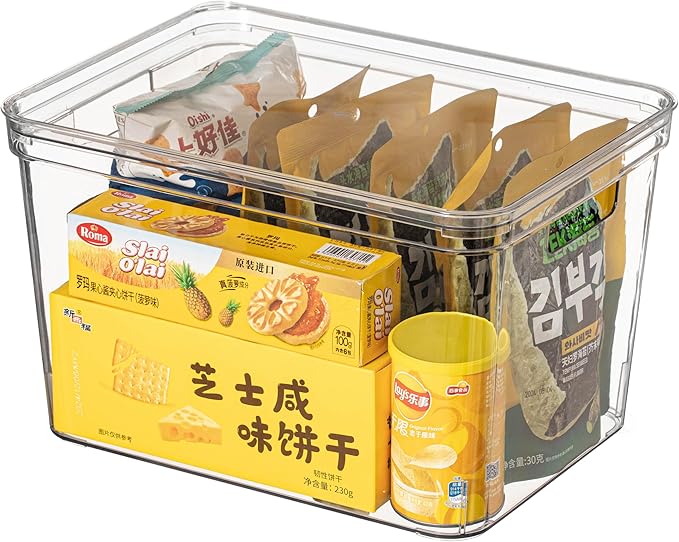 Basicwise Clear Storage Container with Lid For Kitchen Pantry Cabinet & Fridge Storage For Organizing Snacks Produce Supplies Or Essentials Durable Bin For Home Dorm Apartment Or Office Use, Large