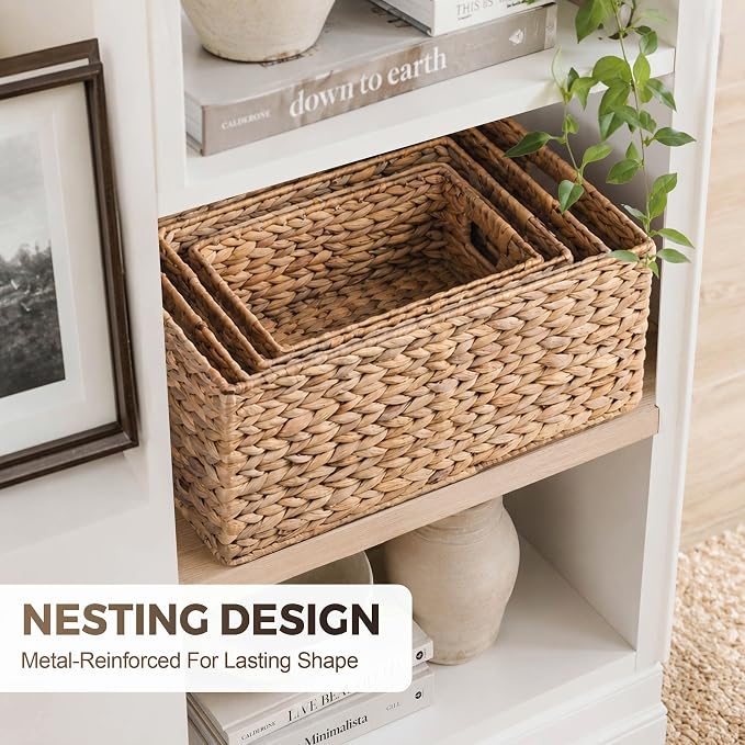 M4DECOR Set of 4 Water Hyacinth Storage Baskets for Shelves – Handwoven Wicker Baskets for Organizing, 4 Sizes (S/M/L/Jumbo)