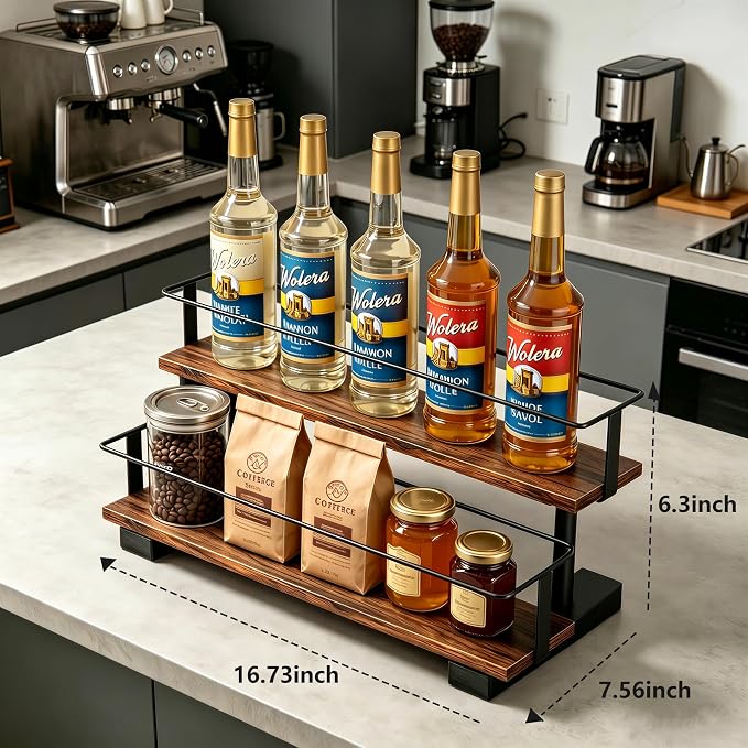 2-Tier Coffee Syrup Rack with Iron Frame, Holds 10 Bottles | Step shelf for coffee bar, liquor bottle display, holds jars, wine, tea canisters, vintage decor.