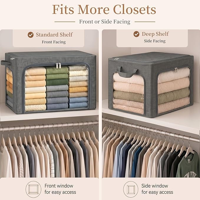 GoMaihe 3 Opening Clothes Storage Bins with Metal Frame, 66L Blanket Storage Organizer for Walk-in Closet Large Storage Boxes with Clear Window for Bedding Winter Clothing 3-Pack Grey