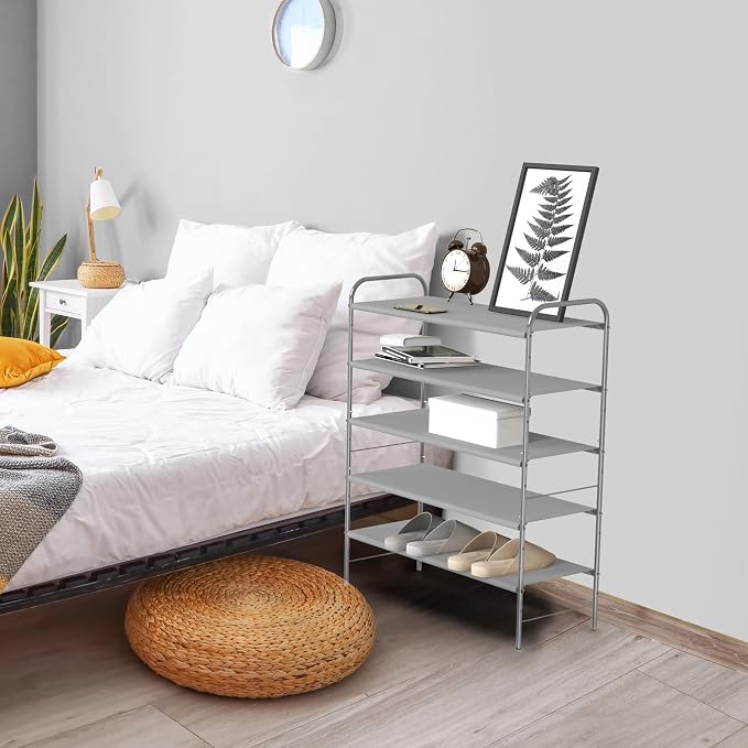 Simple Houseware 5-Tier Shoe Rack Storage Organizer, 15-24 Pairs, Grey | Space-Saving Shoe Shelf with Sturdy Metal Frame and Non-Woven Fabric Shelves for Entryway, Garage & Corridor