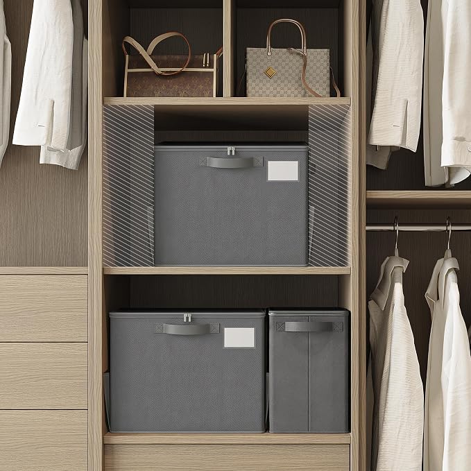 Varhomax Shoe Organizer Box 2 Pack for Closet, Fabric Shoe Storage Bin with Adjustable Dividers & Clear Cover, Holds up 16-32 Pairs of Sneakers & Sandals for Entryway, Cubby (Gray)