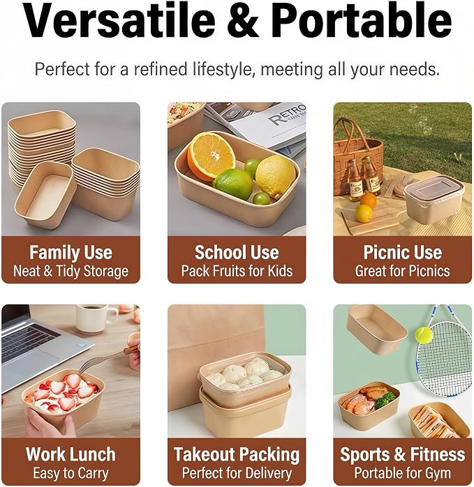 55Pcs 25.3oz Disposable Paper Bowls with Lids Meal Prep Containers | Disposable Kraft Paper Containers, Leak-Proof Microwave & Freezer Safe, for Takeout, Meal Prep, Lunch, Party