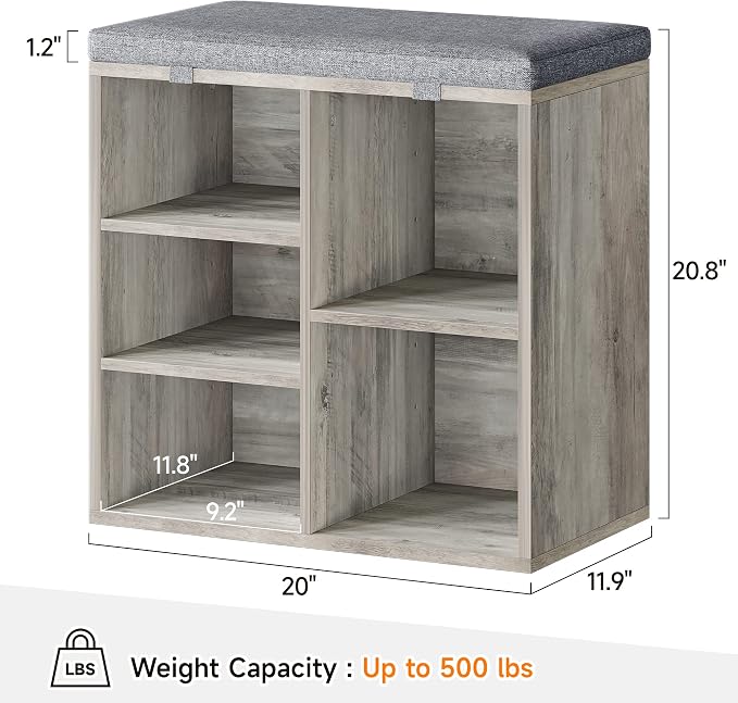 coucheta Shoe Storage Bench with Cushion, Cubby Seat Shoe Cabinet, Small Shoe Rack Bench with 3-Tier Adjustable Shelf for Entryway, Bedroom, Living Room, Hallway, Closet and Garage (Grey, 20 Inches)