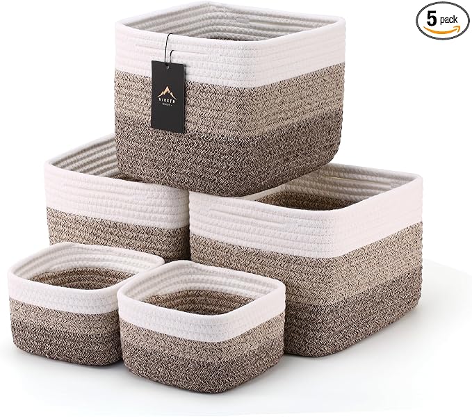 5-Pack Storage Cubes Woven Rope Baskets, 2 Sizes Organizer Bins | Ideal for Closet, Shelf, Bookshelf, Nursery, Changing Table, Cube Storage Bins, Storage Baskets for Bathroom Toy & Home