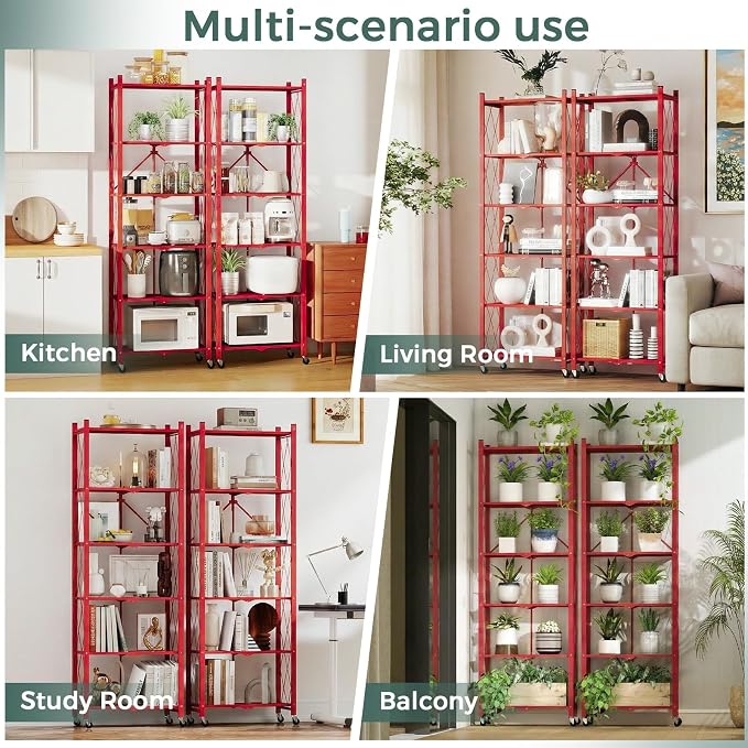 DEANIC 6-Shelf Folding Bookcase with Wheels, Heavy Duty Storage Shelves, Freestanding Metal Wire Shelving Unit for Living Room, Office, Kitchen, Basement, Pantry (Red 2 Pack)