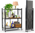 Our Modern Space 3-Tier Foldable Storage Shelf with Wheels | Metal Rack Collapsible Shelving Display | Rolling Cart for Books Kitchen Storage Shelves | Pantry & Closet Organizer | Office Room Decor