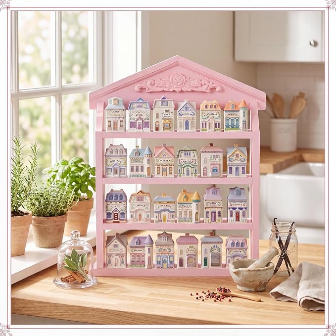 Chunful Vintage Spice Jar Wooden Rack with 4 Tier Hanging Spice Rack Wall Mounting Kitchen Storage Village Style Display Shelf for 24 Jar, Christmas Wedding Bridal Gift, Shelf Only(Pink Cottagecore)