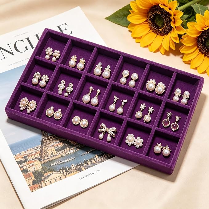 Velvet Jewelry Trays for Drawers, Purple Stackable Jewelry Drawer Organizer Inserts, Ring Earring Necklace Bracelet Holder Organizer Storage Display Tray with Removable Dividers, 18 Grids