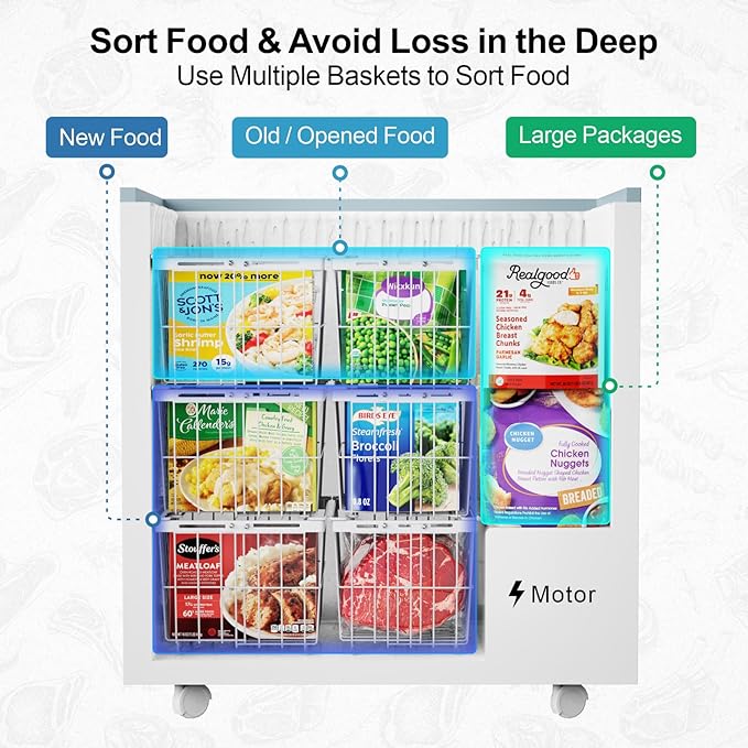 iSPECLE Freezer Organizer Bins - 6 Pack Adjustable Width for 5 to 7 Cu.Ft Chest Freezers, Stackable Wire Storage Baskets, Assembly Required, White