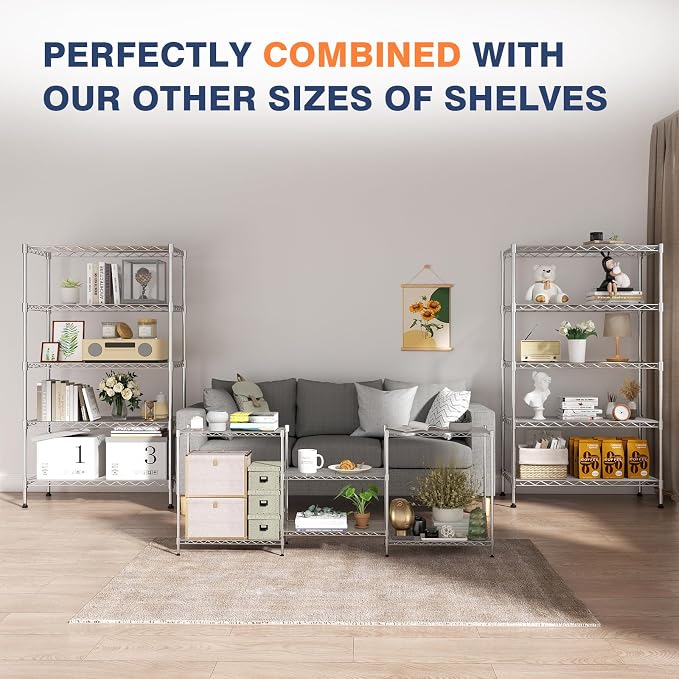 5-Tier Heavy Duty Metal Shelf,Chrome Wire Shelving Unit 35"Wx18Dx71H | Height Adjustable Storage Wire Shelves with Lockable Wheels for Garage,Kitchen,Office,Bathroom,Studio