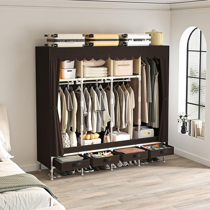Portable Wardrobe with 4 Drawers, 4 Hanging Rods - 67" Tall Sweater Organizer, Sturdy Easy Temporary Bedroom Wardrobe Organizer, Brown