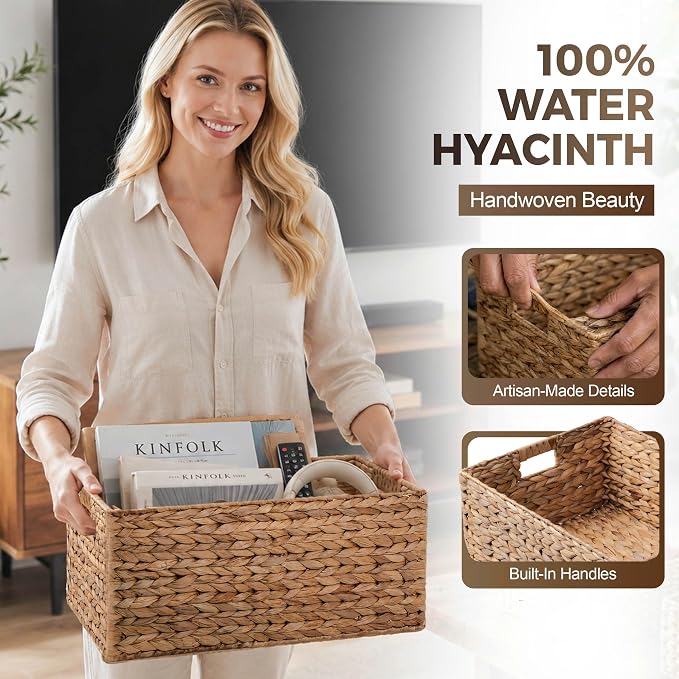 M4DECOR Set of 4 Water Hyacinth Storage Baskets for Shelves – Handwoven Wicker Baskets for Organizing, 4 Sizes (S/M/L/Jumbo)