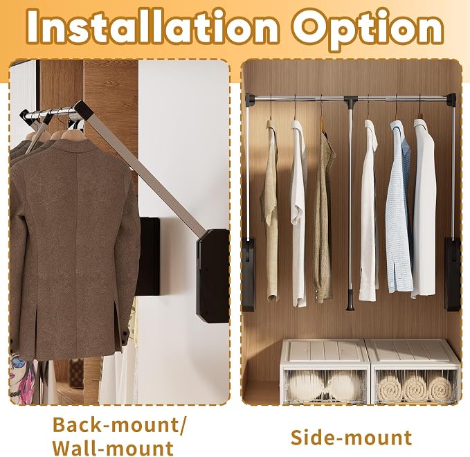 tonchean Pull Down Closet Rod, 26-35 Inch Width Adjustable | Side & back mounted, for hanging clothes, 60lbs load capacity