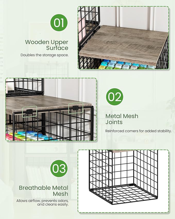 CHOEZON 4-Tier Closet Organizers and Storage, Stackable Storage Bin Baskets with Wooden Upper Surface, Closet Shelves Clothes Storage Cubes for Wardrobe and Closet Organization, Greige and Black