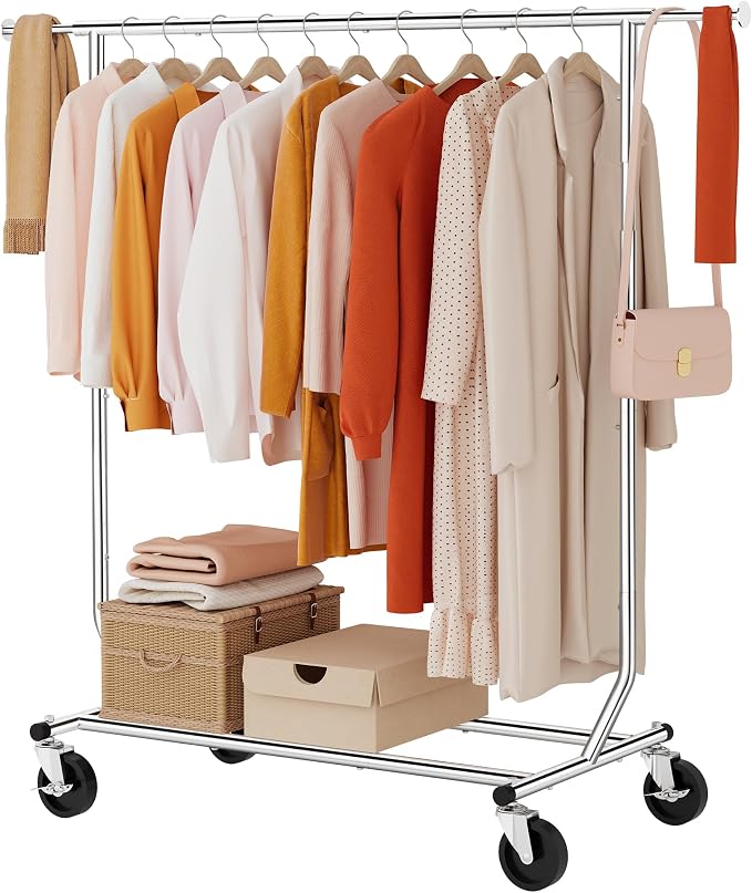 Tajsoon Clothing Rack Heavy Duty Clothes Racks Foldable Garment Rack with Wheels and Extendable Rod, Collapsible Clothing Rack Max Capacity 250lbs, Industrial Rolling Racks with Bottom Shelf, Chrome
