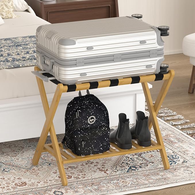 Luggage Racks Set Of 2 Suitcase Stand Foldable With Storage Shelf For Guest Room Hotel Essentials Solid Bamboo Heavy-Duty Item Holder Natural