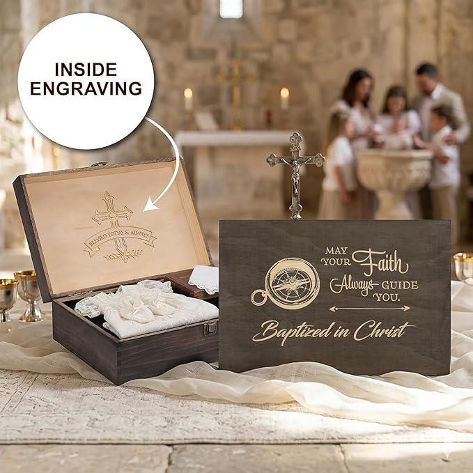Engraved Baptism Memory Box – Wooden Keepsake Box for Christening Gifts, Baby Dedication, or First Communion – X-Large Size – Dark Walnut Finish –14.12 x 9.5 x 4.5 in
