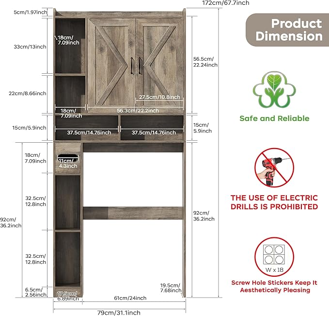 Over the Toilet Storage Cabinet, 31.1”W Bathroom Organizer with Double Doors, Above Toilet Rack, Detachable Toilet Paper Holder for Bathroom & Laundry Room Grey